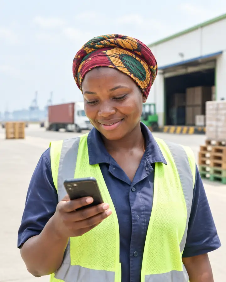 A warehouse worker in Tema in a hi-vis vest smiles as she reads a text message on her phone.