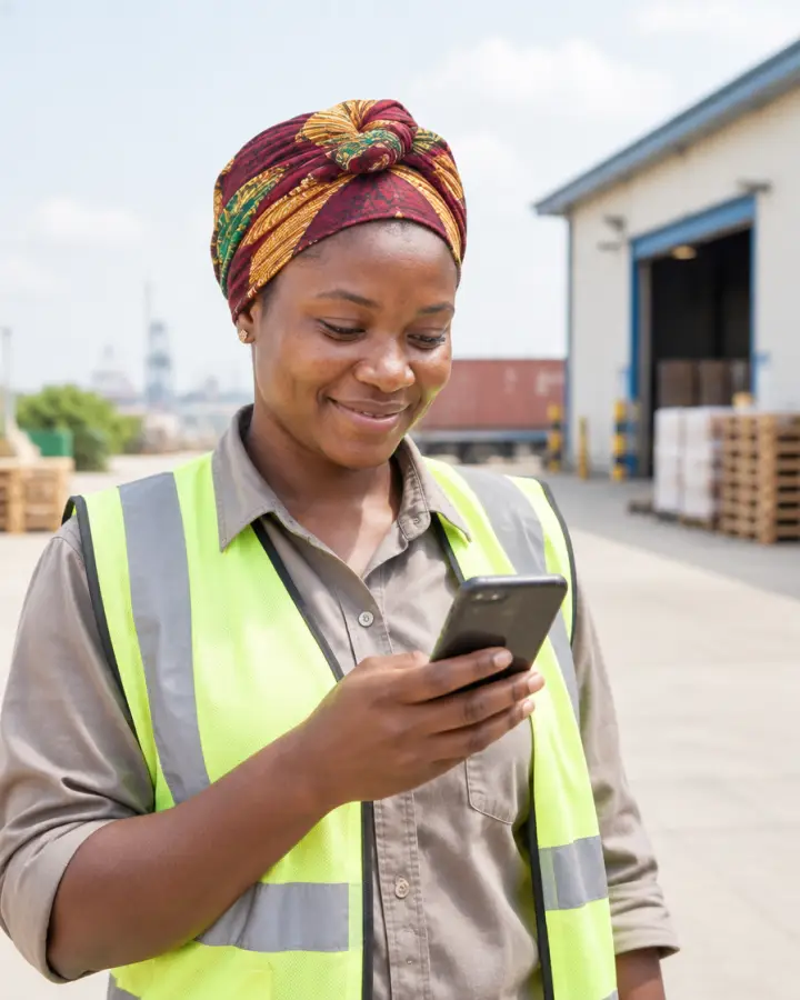 A warehouse worker in Tema in a hi-vis vest smiles as she reads a text message on her phone.